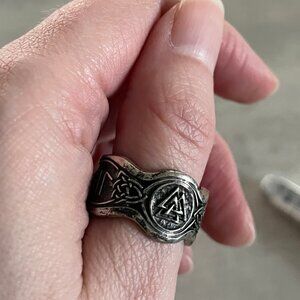 Hail Odin Viking Valknut Norse rune ring recycled sterling silver fantasy 6.5